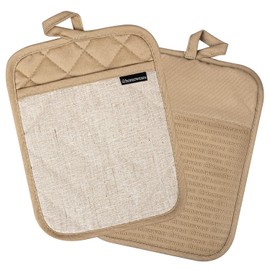 Homewear Marlow Silicone Pot Holder 2 Piece Set, Heat and Slip Resistant, Recycled Cotton Pocket, Thick Cooking and Baking Trivet, Tan