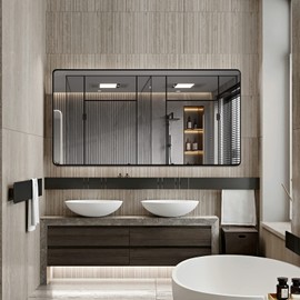 MIOZON 55X30 Inch Matte Black Metal Framed Bathroom Mirror Large Rectangle Wall-Mounted Vanity Mirror with Round Corners Anti-Rust Tempered Glass Shatter-Proof Mirror (Horizontally/Vertically)