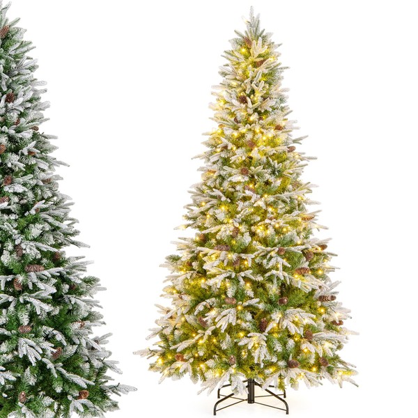 DORTALA 7.5 FT Pre-Lit Snow Flocked Christmas Tree, Hinged Artificial