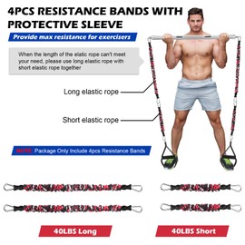 DASKING Natural Latex Resistance Bands Set of 4 Bands, Expander Tubes Fitness Bands with Protective Cover for Fitness, Stretching, Home Gym Workout, Strength Training Accessories (40 lbs Red)