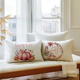 Fall Decorative Lumbar Throw Pillow Covers，Autumn Pumpkin with Wreath Design 12x20 Inch Cushion Cases 2Pack Happy Fall Harvest Farmhouse Home Decor Pillowcases for Autumn Thanksgiving (Pink)