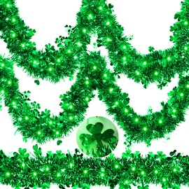 Brizled 2 Pack St Patricks Day Tinsel Shamrock Garland String Lights Battery Operated with Timer, Lighted Green Metallic Twist St Patrick's Day Garland lights for Door Stairs Fireplace Decorations