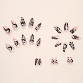 JUSTOTRY 24 Pcs Oval Short False Nails with Snake and Star Pattern,Black French Press on Nails,Fake Nails Short,Almond Medium Stick on Nails for Women,Nails Fake Nail for Nails Art