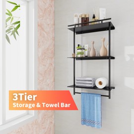 FEILERN Floating Shelves, Wall Mounted Metal Floating Shelves Black with Frame and Towel Rack for Bathroom, Living Room, Bedroom, Kitchen (3 Tier-1)