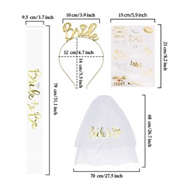 TOPWAYS Hen Party Accessories Bride to Be Sash Set, Hen Do Accessories Includ Bride Sash Tiara Tattoo Veil for Bride to Be, Bachelorette Bridal Shower Wedding Party Decorations (Gold+white sash)