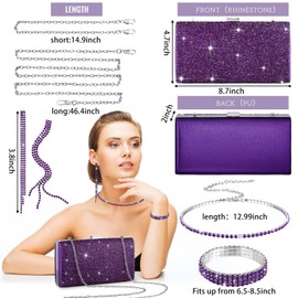 Kigeli 4 Pieces Women Rhinestone Evening Clutch Bag Bling Earring Necklace Bracelet for Wedding Formal (Dark Purple)