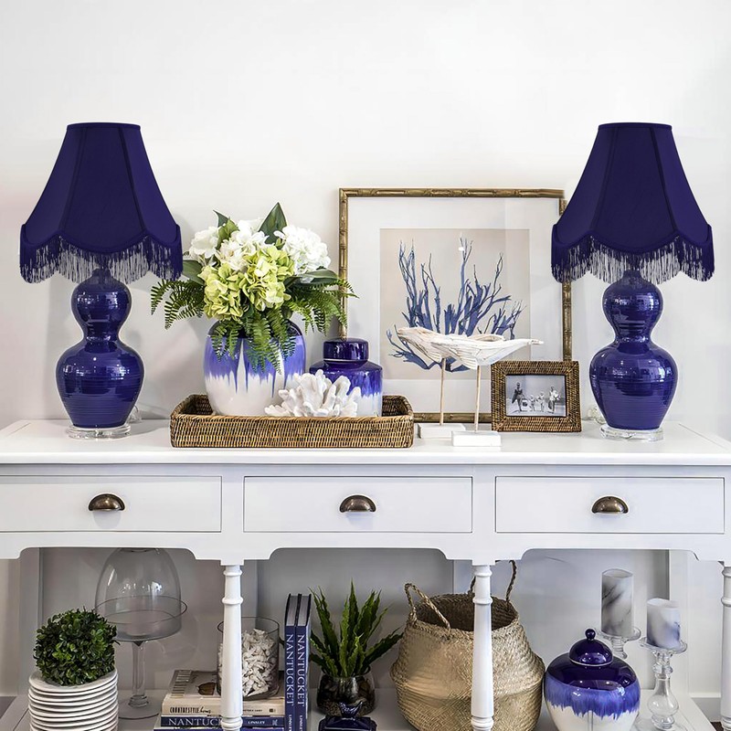 GO&SO Blue Silk Bell Lamp Shades Petal Edge Braid with