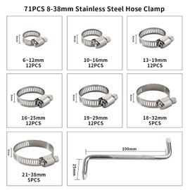 71Pcs 304 Hose Clips Adjustable 6-38mm Range Hose Clamps 304 Stainless Steel Pipe Clips Assortment with Screwdriver and Storage Case, 7Sizes