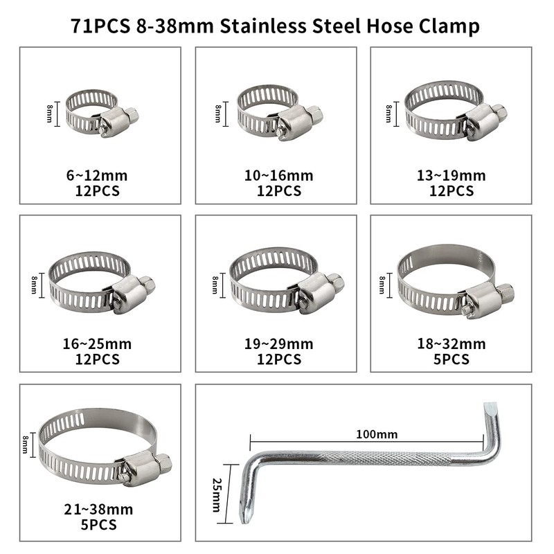 71Pcs 304 Hose Clips Adjustable 6-38mm Range Hose Clamps 304