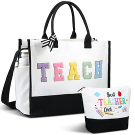 Abbylike Teacher Canvas Totes Bags Makeup Cosmetic Pouch Teacher Appreciation Gifts for Women Large Chenille Letter Bags for school