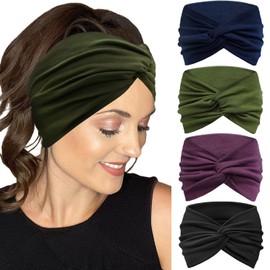 IVARYSS IVARYSS Extra Wide Headbands for Women Non-Slip, 7' Large Twist Knotted Stretchy Wraps Head Bands Hair Accessories, 4 Pack, Solid Color