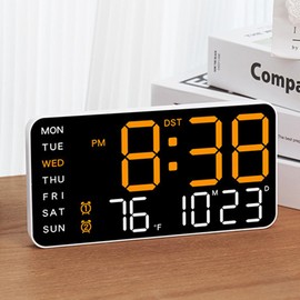 Hapihom LED Digital Wall Clock, 12/24H Table Clock With Adjustable Brightness, Electronic Alarm Clock With Multi Functional Display For Living Room, Bedroom White shell orange lamp