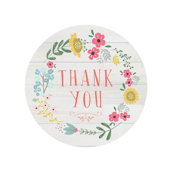 Andaz Press Stylish Bulk Thank You Round Circle Label Stickers, 2-inch, Olivia Floral Flowers Wreath on Light Rustic Wood, 80-Pack