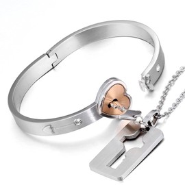 Flongo Partner Gift Bangle Bracelet Pendant with Chain Set Heart Lock Bracelet with Key Pendant Necklace Silver Rose Gold Black, Stainless Steel