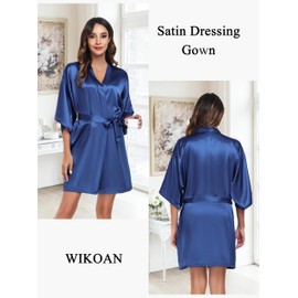 Wikoan Women's Satin Dressing Gown, Soft Silk Robe Lightweight Sleepwear for Bridal, Wedding Party Robes with Oblique V-Neck,L,Dark Blue