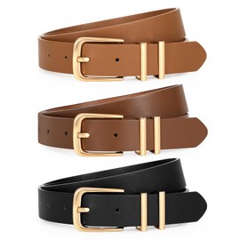 WERFORU 3 Pack Women's Leather Belts for Jeans Dresses Fashion Ladies Gold Buckle Leather Belts, Black/Brown/Coffee