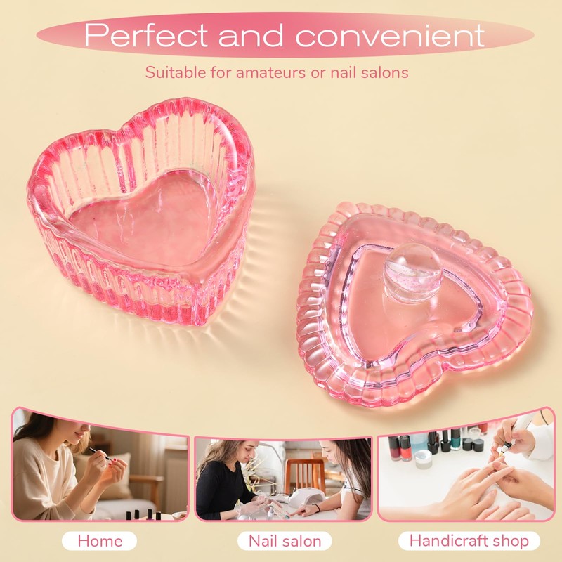 2PCS Heart-Shaped Dappen Dish for Nails, Pink Glass Crystal Monomer
