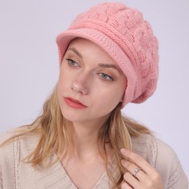 Warm Winter Hat Fleece Hat Visor Winter Hat Women's Warm Lined Winter Hat Knitted Peaked Cap Baseball Cap with Soft Thick Fleece Lining, pink