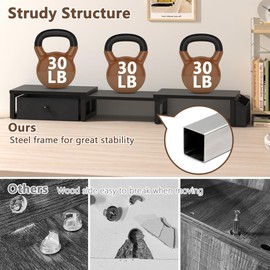 LAND·VOI Heavy Duty Dual Monitor Stand, Holds 2 Screens Up to 27 Inches, Adjustable Length and Angle Monitor Riser, Desk Organizer with Side Pockets and Drawers, Home Office Desk Storage, Black