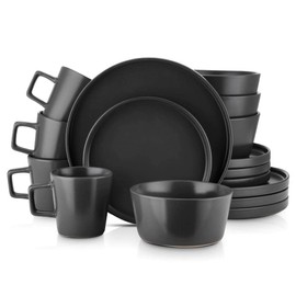 Durable 32 Piece Round Ceramic Stoneware Dinnerware Set For 8, Rustic Speckled Collection | Unique Lipped Rim Design On Plates Microwave & Dishwasher Safe | Modern Appearance, Pretty Black Shade