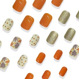 24Pcs Fall Press on Nails Short Square Fake Nails with Gold Glitter Designs Thanksgiving Maple Leaf False Nail Autumn Artificial Nails Kit Glossy Full Cover Autumn Leaves Glue on Nail for Women