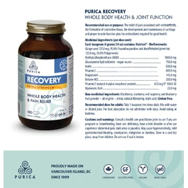 PURICA Purica Recovery Extra Strength Joint Support Supplement, 180 Vegan Caps 18-Day Supply - Glucosamine, Nutricol, Magnesium, MSM, Hyaluronic Acid, Vitamin C & E, Supports Flexibility & Mobility, Non-GMO