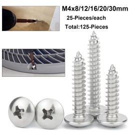 FandWay 125Pcs Self Tapping Screws 304 Stainless Steel,M4 Wood Screws Kit,Truss Head Self Drilling Screw,Round Head Sheet Metal Screw Phillips Drive for DIY WoodWork Repairs.