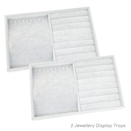 2 x Velvet Jewellery Display Organiser Trays, Beauties Factory Necklace Rings Earrings Storage Holder Box (Grey)