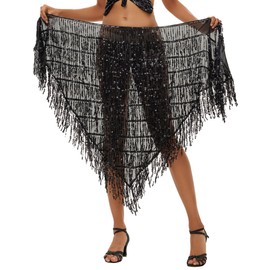 Aivtalk Belly Dance Wrap Skirt or Women Sequined Tassel Hip Scarf Black