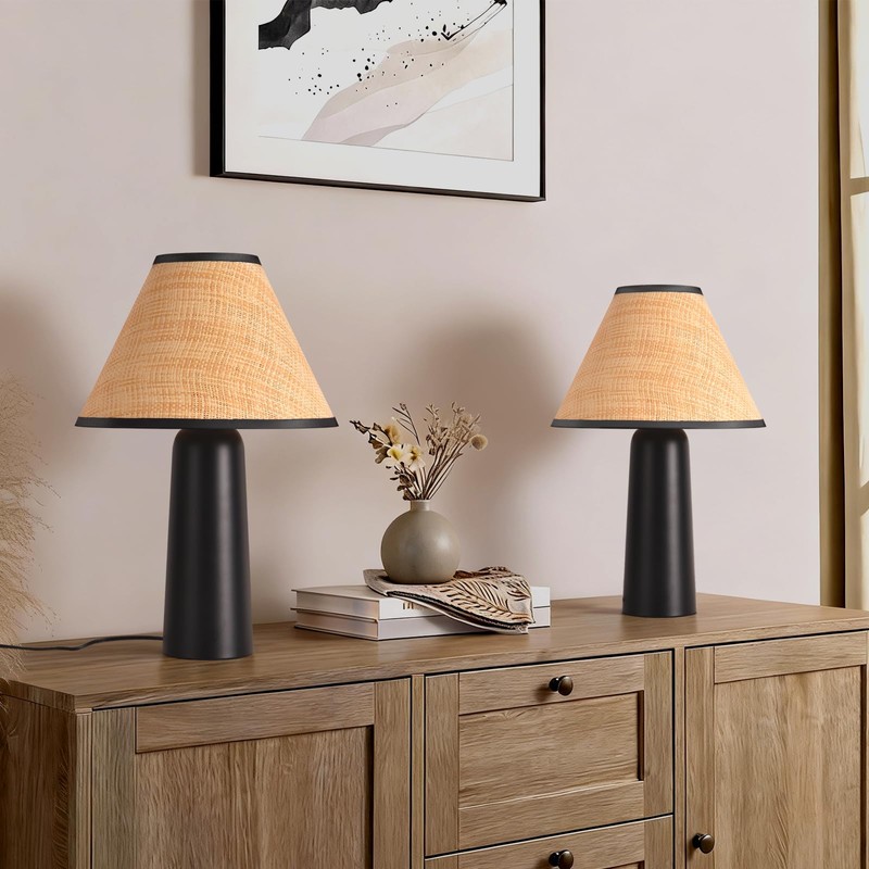 Matte Black Rattan Table Lamp for Bedroom, Modern Wicker Lamps