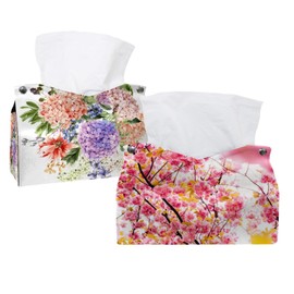2 Pack Tissue Box Cover Holder, Blossoming Tree Rectangle Leather Tissue Case, Decorative Organizer for Tabletop, Bathroom, Car, Office