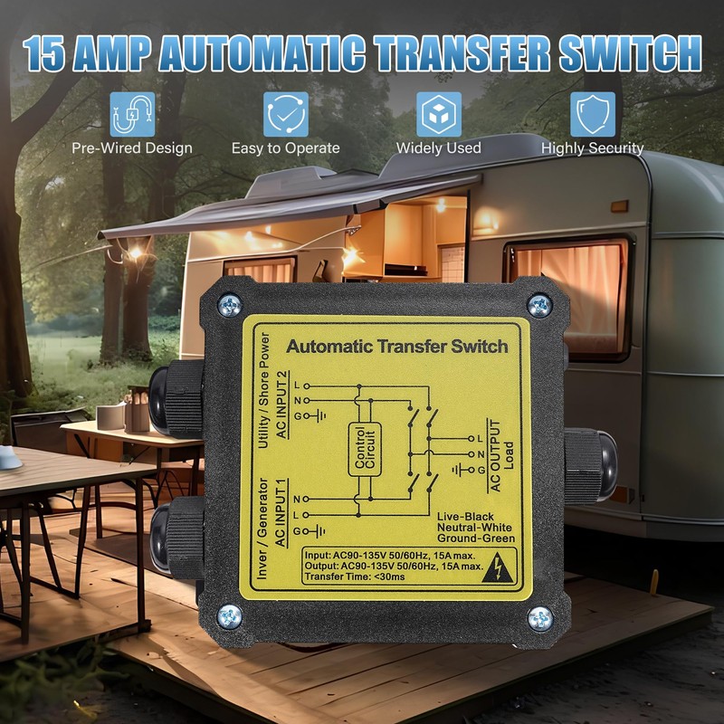 15Amp Automatic Transfer Switch,120V ATS Auto Transfer Switch for RV