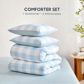 Wake In Cloud - Gingham Comforter Set, Plaid Buffalo Check Checkered Cottagecore Cute Geometric, Soft Lightweight Bedding, 3 Pieces, Light Blue White, Twin/Twin XL Size