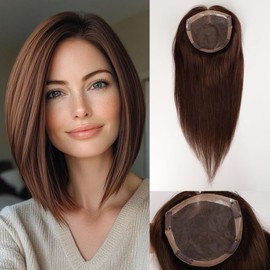 Alzkkll Hair Toppers for Women, 6x6 inch Without Bangs 100% Real Human Wig with Mono 14 inch Dark Brown Root with 4 Clips for Women Thinning Hairs or Loss