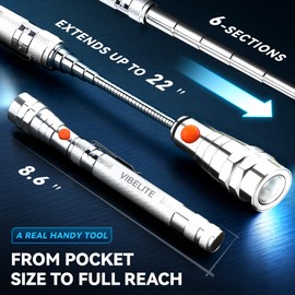 VIBELITE Extendable Magnetic Flashlight with Telescoping Magnet Pickup Tool-Cool Gadget Gifts for Men, Women, Him, Teen Boys, Husband, Dad, Father, Mechanic, Birthday Gifts for Men, Silver