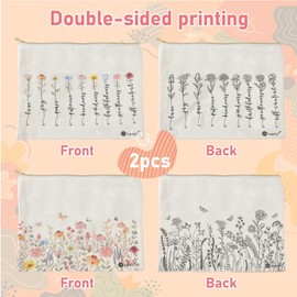 Flowers Make Up Canvas Bags 2Pcs Inspirational Floral Cosmetic Bags Mother's Day Gift For Women Toiletry Bag Canvas Makeup Travel Pouch With Zipper Small Storage Bag