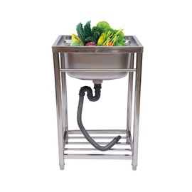 Utility Sink Free Standing Stainless Steel Single Bowl Basin Sink Commercial Kitchen Washing Sink with Storage Shelve Kitchen Sink for Home Restaurant Indoor Outdoor