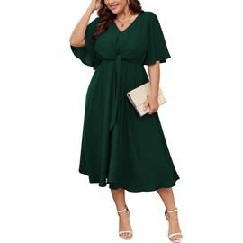 SCOMCHIC Women Plus Size Midi Dresses Wedding Guest Short Sleeve V Neck Tie Waist Casual Summer Flowy A Line Dress Emerald Green