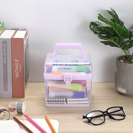 BTSKY Multipurpose Plastic Craft Storage Containers with Removable Tray, Clear Plastic Storage Box with Lid & Handle, Easy Carry & Stack Small Storage Container, 6.3x5.6x6.3 Inch, Square-Purple