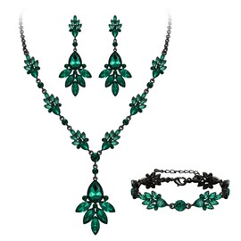 BriLove Wedding Bridal Jewelry Set Marquise Rhinestone Crystal Teardrop Necklace Earring Bracelet Gift for Women Brides Emerald Color Black-Tone