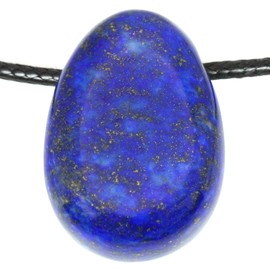 Echter Lapislazuli Tropfenanhänger mit gewachstem Baumwollband - Gebohrter Trommelstein - Drehverschluss aus Edelstahl (Lapislazuli, 55)