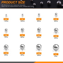 Rustark 630Pcs SAE 12 Sizes Precision 304 Stainless Steel Bicycle Bearing Ball Assortment Kit-3/32” 1/8" 5/32" 3/16" 7/32" 1/4" 9/32” 5/16” 11/32” 3/8” 13/32” 1/2''