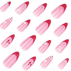 Red French Tip Press on Nails Short Almond QUNQINLI Nude False Nails Glossy Acrylic Fake Nails Press ons with Cherry Bow Flowers Design Gel Glue on Nails Cute Stick on Nails for Women 24Pcs