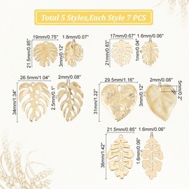 PH PandaHall Pack of 35 Monstera Leaf Pendants, 5 Style Tropical Leaf Charms, Metal Embellishments, Hollow Leaf Pendants Made of Stainless Steel for Jewellery Making, DIY Necklaces, Earring