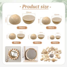 TOAOB 480 Pieces 8 mm to 20 mm Semicircular Wooden Beads Hemispherical Natural Loose Beads Cabochon for Painting DIY Jewellery Making