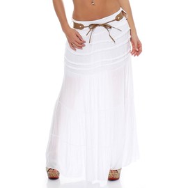 Malito Women's Floor Length Cotton Skirt with Elegant Knitting Pattern & Faux Leather Belt - Maxi Skirt Long with Wide Waistband - Airy Summer Skirt 1116 (One Size UK 6-12), White