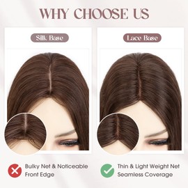 MY-LADY Human Hair Toppers for Women Real Human Hair for Thinning Hair 10 * 12CM Lace Base Hair Pieces No Bangs Clip in Remy Hairpieces Hand-Tied 12 Inch Brown with Dark Root