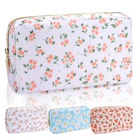 Iqimott - Mini bolsa de maquillaje floral de nailon, bonita bolsa de cosméticos pequeña, impermeable, con cierre, bolsa de viaje, rosado, (Pink-Flower), Pequeño, Moda