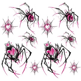 Oottati Small Cute Temporary Tattoo Sticker Set of 2 - Halloween Scary Black Pink Spider Heart Net Designs for Hand Neck Face Wrist, Waterproof Fake Body Art, Simple & Modern Unisex Skin Decals