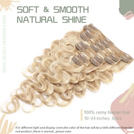 S-noilite Wavy Clip in Hair Extensions Real Human Hair Natural Wavy Remy Hair Thick Double Weft Clip in Extensions Full Head 8 Pieces 18 Clips (18 Inch - 140g,Ash Blonde/Bleach Blonde(#18/613))